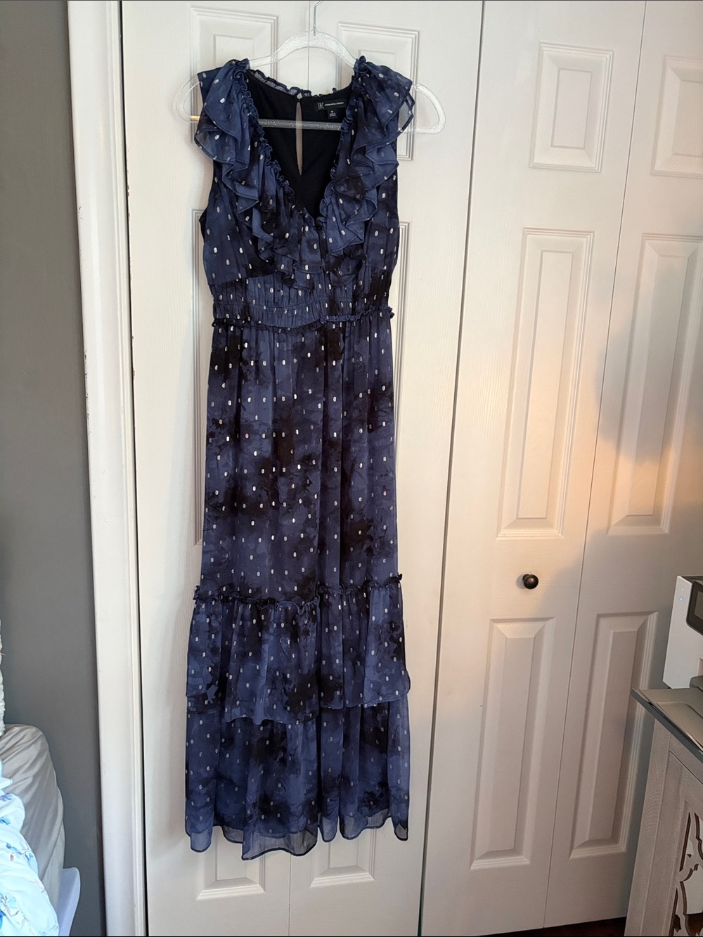 INC International Concepts Navy Polka-Dot Ruffle Maxi Dress